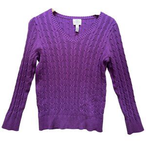 St John's Bay Womens Sweater PL Purple Cable Knit V-Neck Pullover Cozy Casual
